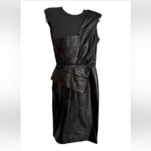 SPORTMAX Defile Black & Grey Leather & Wool Asymmetrical dress Italia 42 USA 6